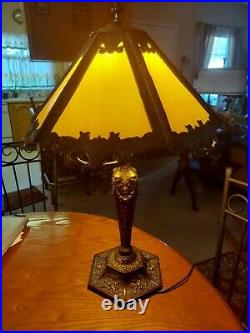 Art Nouveau Slag Glass 6 Panel Ornate Table Lamp with gorgeous lion head base