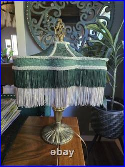 Art Nouveau Slag Glass Brass Table Lamp With Antique Fringed Tassel Lampshade