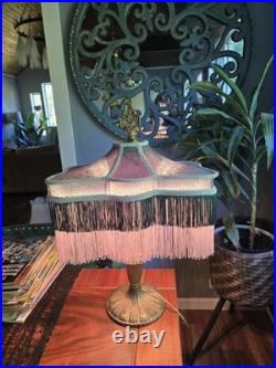 Art Nouveau Slag Glass Brass Table Lamp With Antique Fringed Tassel Lampshade