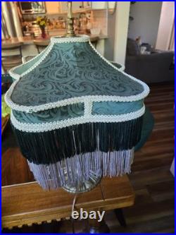 Art Nouveau Slag Glass Brass Table Lamp With Antique Fringed Tassel Lampshade Art Nouveau Slag Glass Brass Table Lamp With Antique Fringed Tassel Lampshade