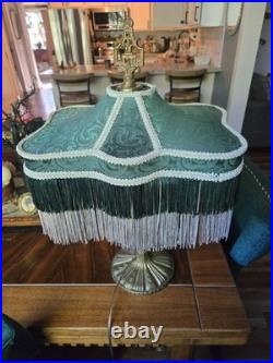 Art Nouveau Slag Glass Brass Table Lamp With Antique Fringed Tassel Lampshade