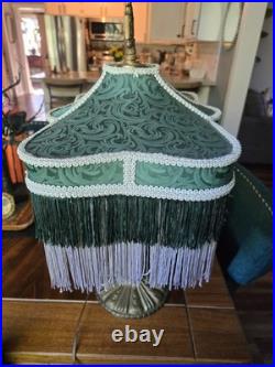 Art Nouveau Slag Glass Brass Table Lamp With Antique Fringed Tassel Lampshade Art Nouveau Slag Glass Brass Table Lamp With Antique Fringed Tassel Lampshade