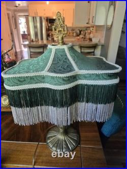 Art Nouveau Slag Glass Brass Table Lamp With Antique Fringed Tassel Lampshade Art Nouveau Slag Glass Brass Table Lamp With Antique Fringed Tassel Lampshade
