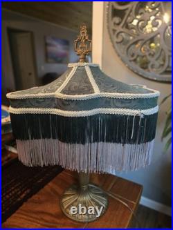 Art Nouveau Slag Glass Brass Table Lamp With Antique Fringed Tassel Lampshade