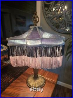 Art Nouveau Slag Glass Brass Table Lamp With Antique Fringed Tassel Lampshade