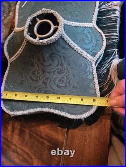 Art Nouveau Slag Glass Brass Table Lamp With Antique Fringed Tassel Lampshade