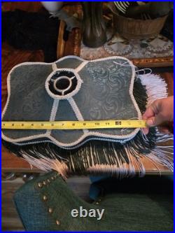 Art Nouveau Slag Glass Brass Table Lamp With Antique Fringed Tassel Lampshade Art Nouveau Slag Glass Brass Table Lamp With Antique Fringed Tassel Lampshade