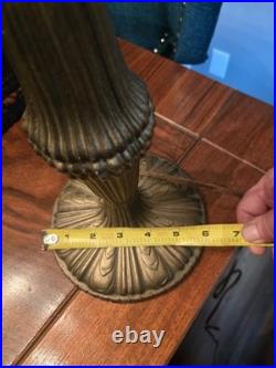 Art Nouveau Slag Glass Brass Table Lamp With Antique Fringed Tassel Lampshade