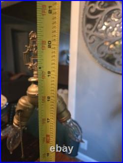 Art Nouveau Slag Glass Brass Table Lamp With Antique Fringed Tassel Lampshade Art Nouveau Slag Glass Brass Table Lamp With Antique Fringed Tassel Lampshade