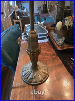 Art Nouveau Slag Glass Brass Table Lamp With Antique Fringed Tassel Lampshade