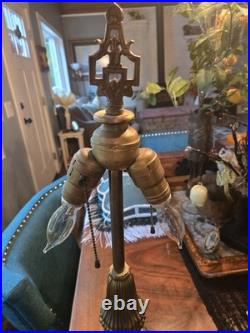 Art Nouveau Slag Glass Brass Table Lamp With Antique Fringed Tassel Lampshade Art Nouveau Slag Glass Brass Table Lamp With Antique Fringed Tassel Lampshade