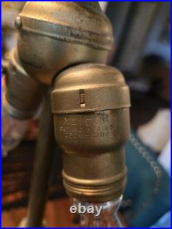 Art Nouveau Slag Glass Brass Table Lamp With Antique Fringed Tassel Lampshade