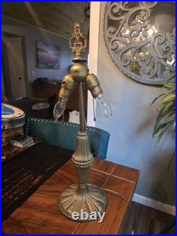 Art Nouveau Slag Glass Brass Table Lamp With Antique Fringed Tassel Lampshade Art Nouveau Slag Glass Brass Table Lamp With Antique Fringed Tassel Lampshade