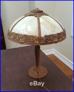 Art Nouveau Slag Glass Caramel Six Panel Electric Table Lamp With Filigree