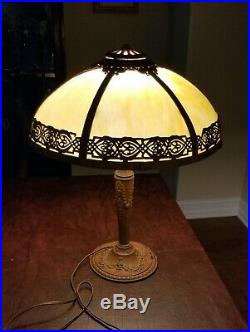 Art Nouveau Slag Glass Caramel Six Panel Electric Table Lamp With Filigree