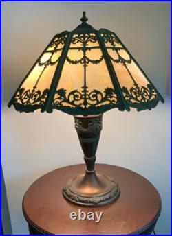 Art Nouveau Slag Glass Lamp Green & Bronze Floral Motif Rewired Art Nouveau Slag Glass Lamp Green & Bronze Floral Motif Rewired