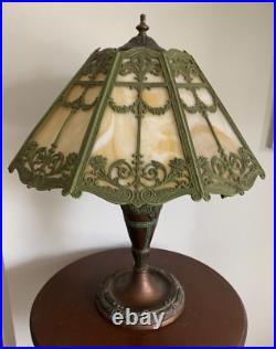 Art Nouveau Slag Glass Lamp Green & Bronze Floral Motif Rewired Art Nouveau Slag Glass Lamp Green & Bronze Floral Motif Rewired
