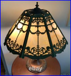Art Nouveau Slag Glass Lamp Green & Bronze Floral Motif Rewired Art Nouveau Slag Glass Lamp Green & Bronze Floral Motif Rewired