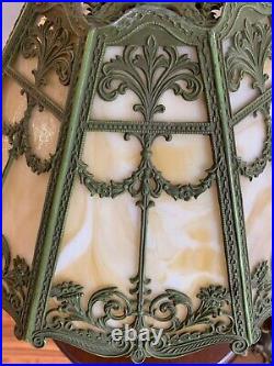 Art Nouveau Slag Glass Lamp Green & Bronze Floral Motif Rewired Art Nouveau Slag Glass Lamp Green & Bronze Floral Motif Rewired
