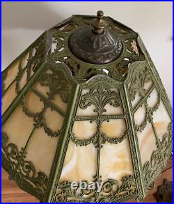 Art Nouveau Slag Glass Lamp Green & Bronze Floral Motif Rewired Art Nouveau Slag Glass Lamp Green & Bronze Floral Motif Rewired