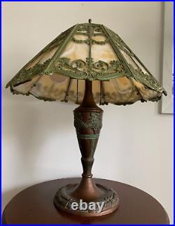 Art Nouveau Slag Glass Lamp Green & Bronze Floral Motif Rewired Art Nouveau Slag Glass Lamp Green & Bronze Floral Motif Rewired