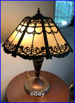 Art Nouveau Slag Glass Lamp Green & Bronze Floral Motif Rewired Art Nouveau Slag Glass Lamp Green & Bronze Floral Motif Rewired