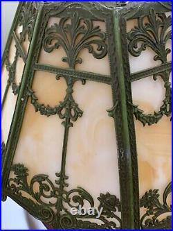 Art Nouveau Slag Glass Lamp Green & Bronze Floral Motif Rewired Art Nouveau Slag Glass Lamp Green & Bronze Floral Motif Rewired