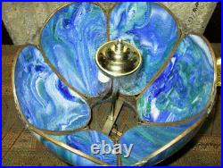 Art Nouveau Style Blue Swirl 12 Panel Brass & Glass Hanging Tulip Swag Lamp