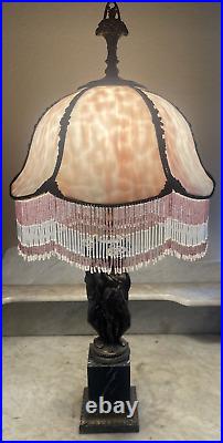 Art Nouveau Table Lamp Three Graces Base & Mauve Purple Slag Glass Tassel Shade