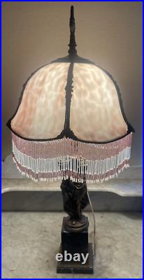 Art Nouveau Table Lamp Three Graces Base & Mauve Purple Slag Glass Tassel Shade