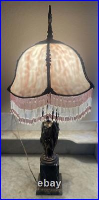 Art Nouveau Table Lamp Three Graces Base & Mauve Purple Slag Glass Tassel Shade