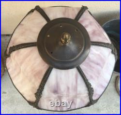 Art Nouveau Table Lamp Three Graces Base & Mauve Purple Slag Glass Tassel Shade
