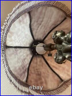 Art Nouveau Table Lamp Three Graces Base & Mauve Purple Slag Glass Tassel Shade