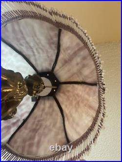 Art Nouveau Table Lamp Three Graces Base & Mauve Purple Slag Glass Tassel Shade