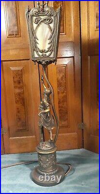 Art Nouveau lady slag glass newel post lamp circa 1900