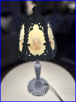 Art Nouveau slag glass boudoir lamp with metal base and painted panels Art Nouveau slag glass boudoir lamp with metal base and painted panels