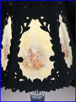 Art Nouveau slag glass boudoir lamp with metal base and painted panels