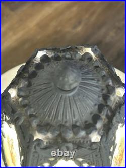 Art Nouveau slag glass boudoir lamp with metal base and painted panels Art Nouveau slag glass boudoir lamp with metal base and painted panels