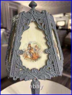 Art Nouveau slag glass boudoir lamp with metal base and painted panels Art Nouveau slag glass boudoir lamp with metal base and painted panels