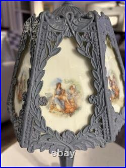Art Nouveau slag glass boudoir lamp with metal base and painted panels