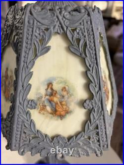 Art Nouveau slag glass boudoir lamp with metal base and painted panels