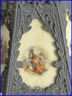 Art Nouveau slag glass boudoir lamp with metal base and painted panels