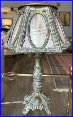Art Nouveau slag glass table lamp with silver-plated metal base and frame