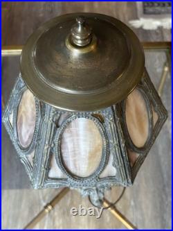 Art Nouveau slag glass table lamp with silver-plated metal base and frame