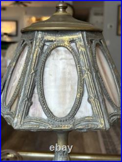 Art Nouveau slag glass table lamp with silver-plated metal base and frame