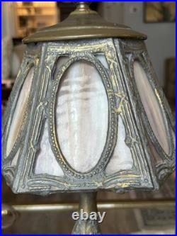 Art Nouveau slag glass table lamp with silver-plated metal base and frame