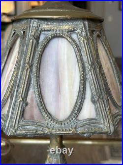 Art Nouveau slag glass table lamp with silver-plated metal base and frame