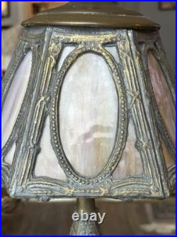 Art Nouveau slag glass table lamp with silver-plated metal base and frame