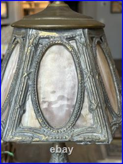 Art Nouveau slag glass table lamp with silver-plated metal base and frame