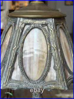 Art Nouveau slag glass table lamp with silver-plated metal base and frame